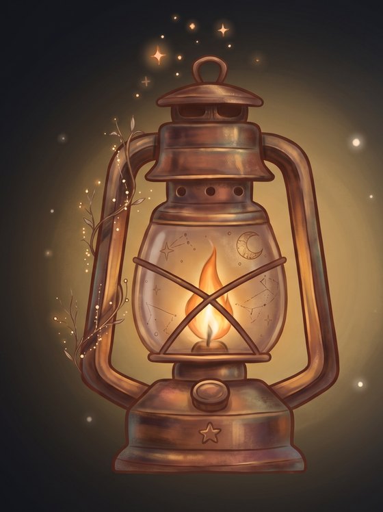 A lit brass lantern glowing in the dark, constellations etched on the glass